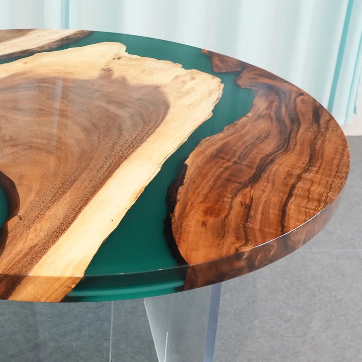 Seawavetable- boho style round walnut green epoxy coffee table