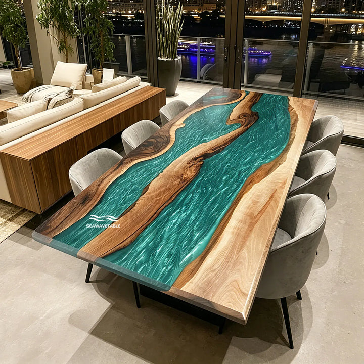 Seawavetable-Custom Resin Dining Table Green River Tabletop