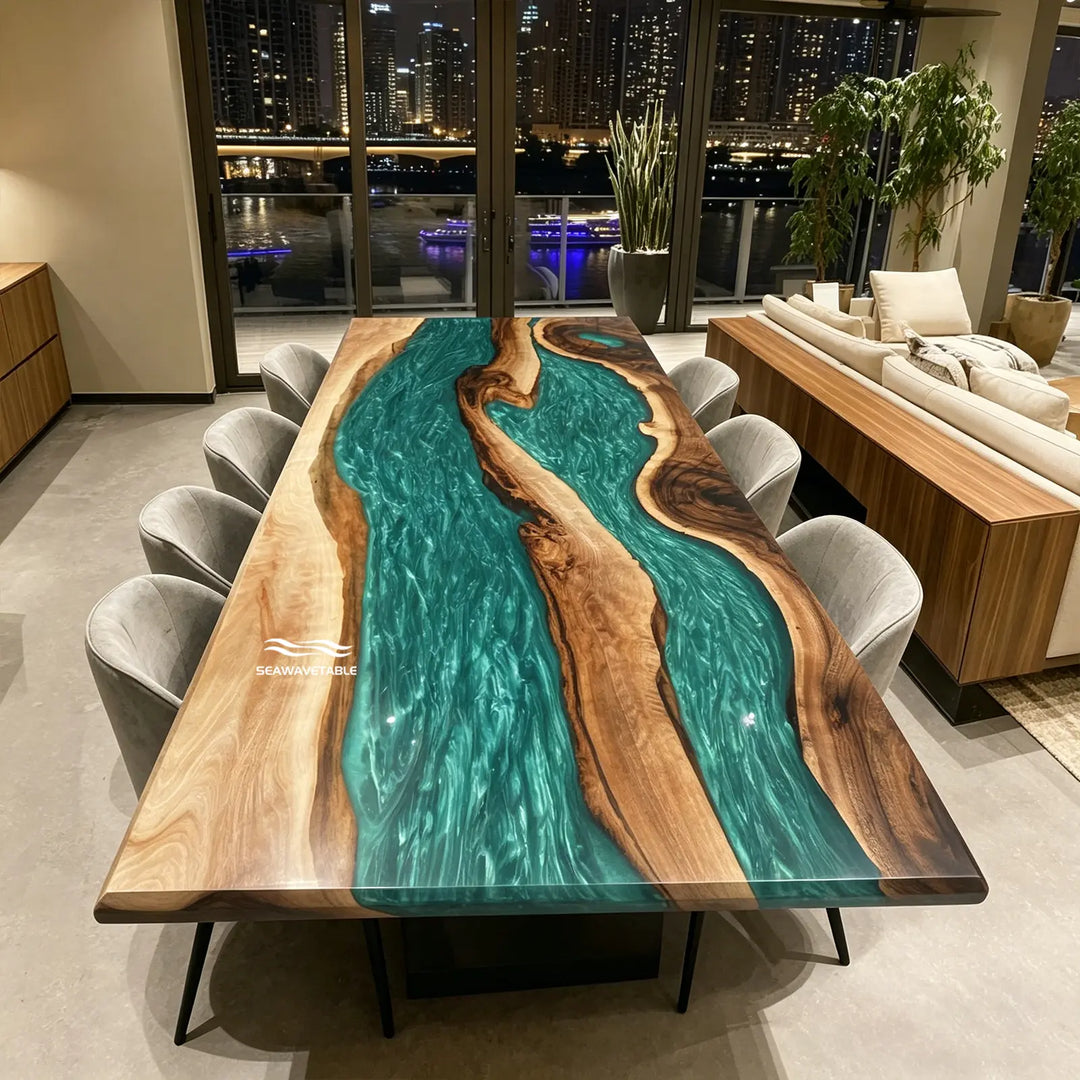 Seawavetable-Emerald Stream Epoxy River Table Modern Interior