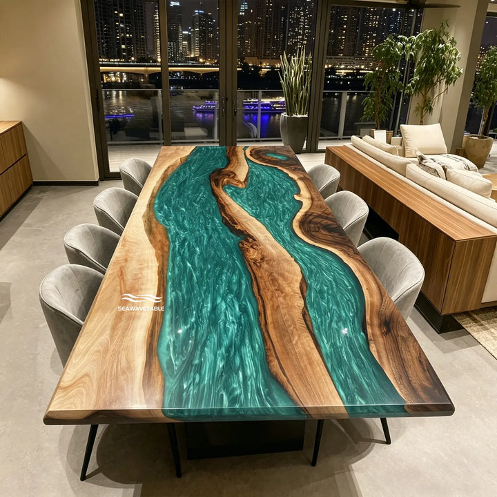 Seawavetable-Emerald Stream Epoxy River Table Modern Interior