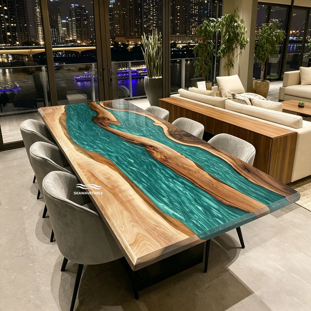 Seawavetable-Black Walnut Epoxy Table with Vivid Green Resin River
