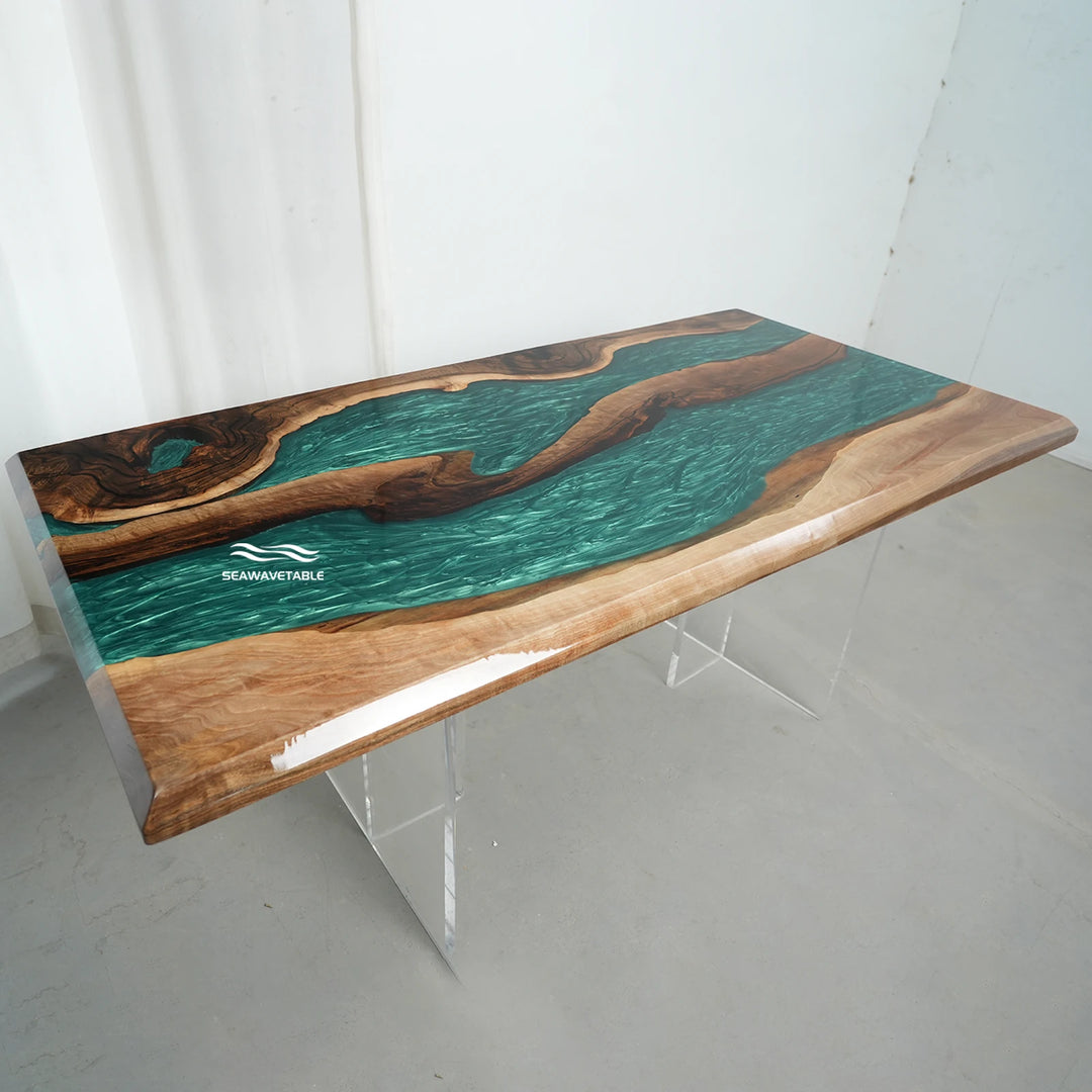 Seawavetable-Luxury Epoxy Table with Swirling Green Resin