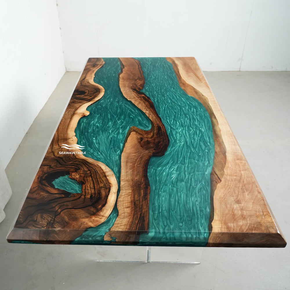 Seawavetable-Emerald Stream Black Walnut Green Epoxy Dining Table Front View