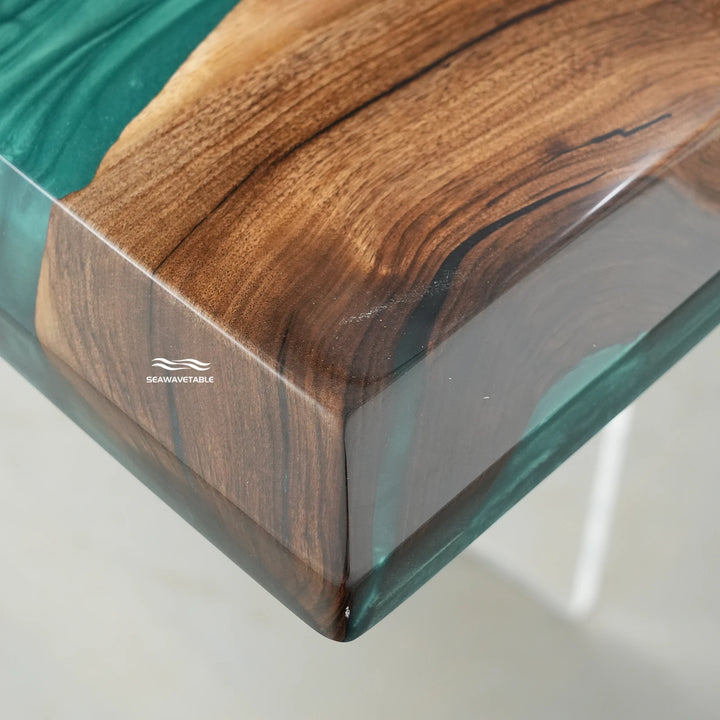 Seawavetable-Emerald Stream Black Walnut Resin River Table Close-Up