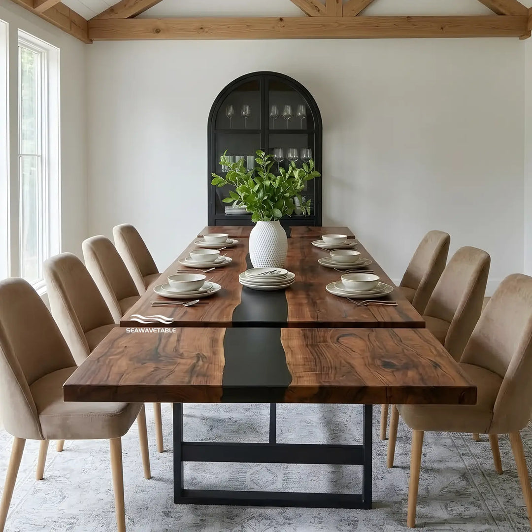 Seawavetable‑Premium black walnut extendable dining table, opaque black epoxy river, full matte finish, family gathering epoxy dining table