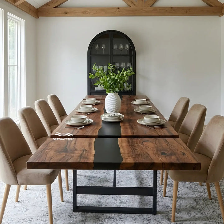 Seawavetable‑Premium black walnut extendable dining table, opaque black epoxy river, full matte finish, family gathering epoxy dining table