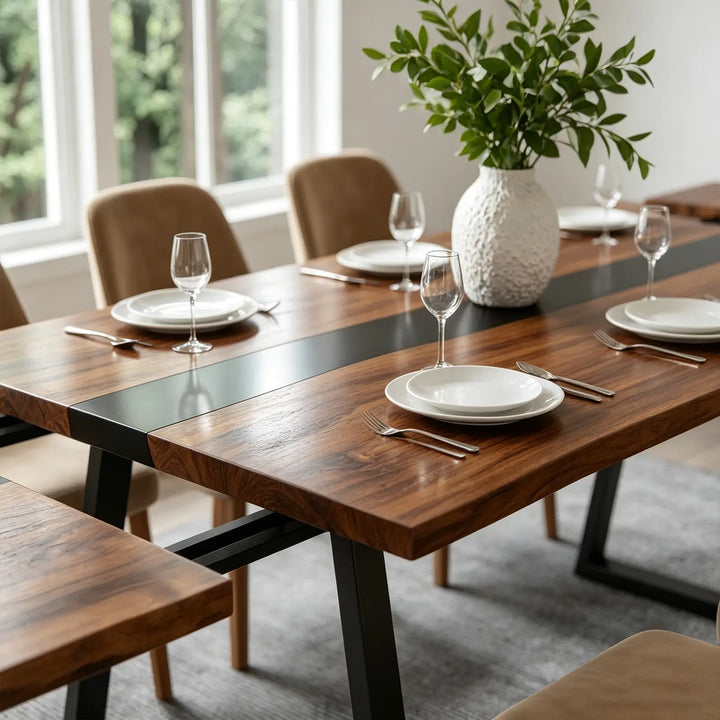 Seawavetable‑Versatile expandable dining table, solid black walnut construction, unbroken black epoxy river pattern