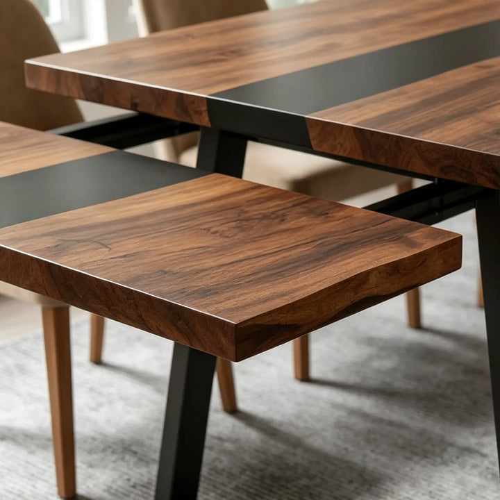 Seawavetable‑Bespoke black walnut epoxy dining table, straight edge matte finish, statement home furniture