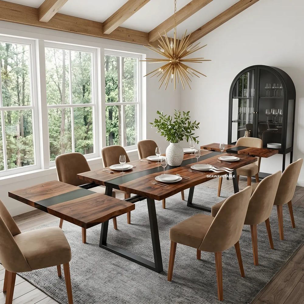 Seawavetable‑Handcrafted solid black walnut epoxy table, straight edge design, dual side fold out expandable structure