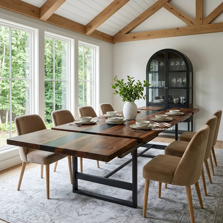 Seawavetable‑Space saving black walnut river table, seamless black epoxy resin, compact daily and large party use