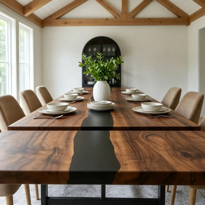 Seawavetable‑Modern matte black walnut epoxy dining table, straight edge solid wood resin furniture for home decor