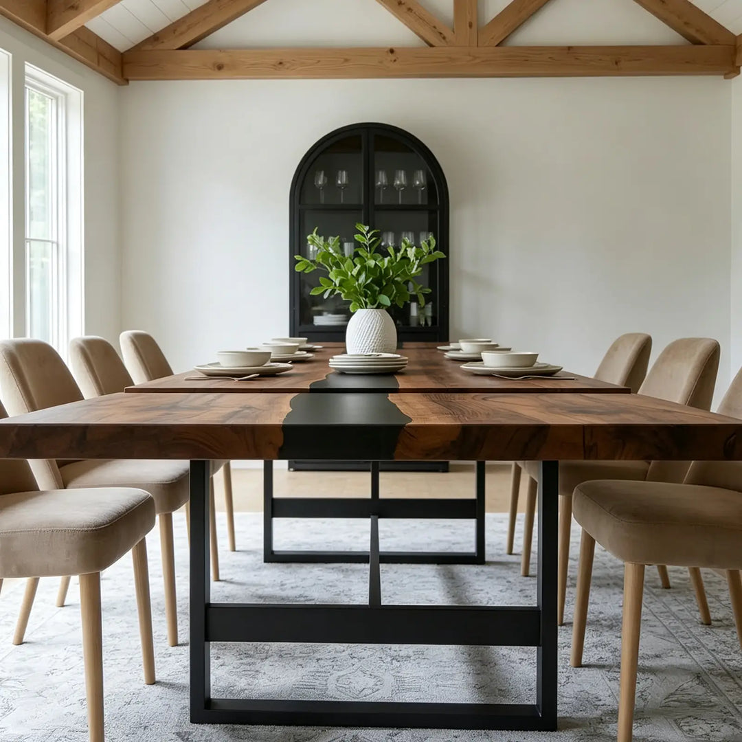 Seawavetable‑Continuous black epoxy river detail on custom black walnut expandable table, full matte surface