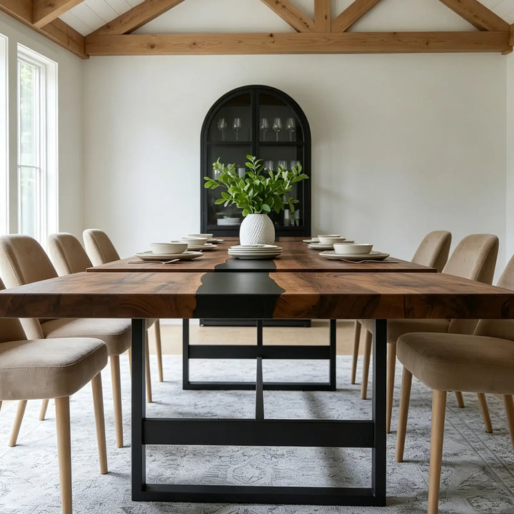 Seawavetable‑Continuous black epoxy river detail on custom black walnut expandable table, full matte surface