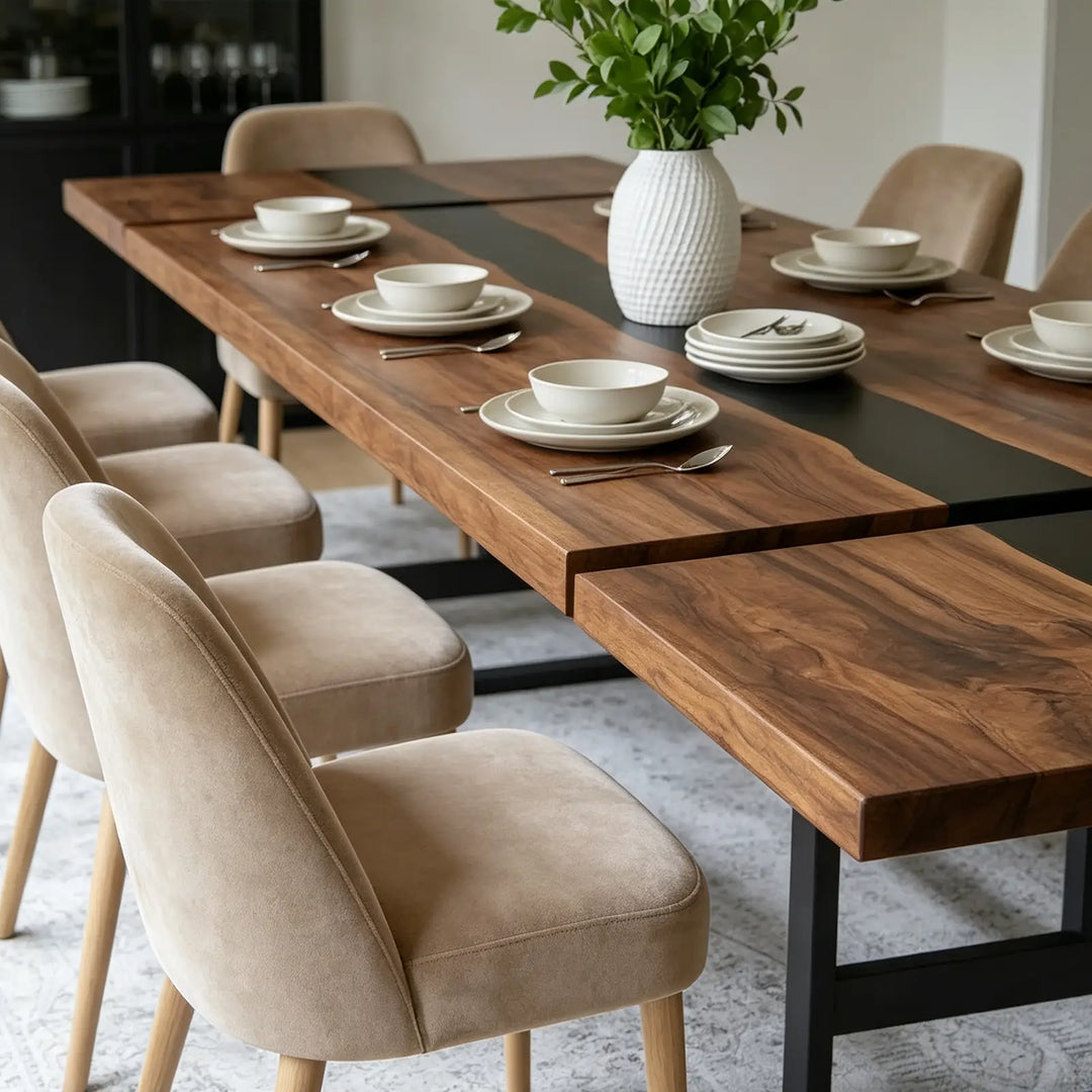 Seawavetable‑Continuous black epoxy river detail on custom black walnut expandable table, full matte surface