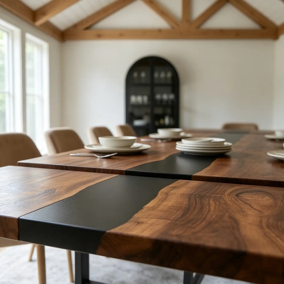 Seawavetable‑Custom solid black walnut epoxy wood table, dual side extension leaves for flexible seating capacity