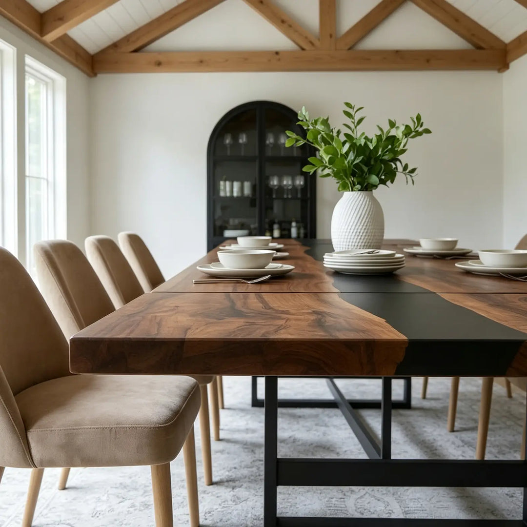 Seawavetable‑Handmade black walnut dining table, opaque black epoxy resin art, expandable for gatherings