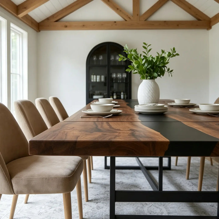 Seawavetable‑Handmade black walnut dining table, opaque black epoxy resin art, expandable for gatherings