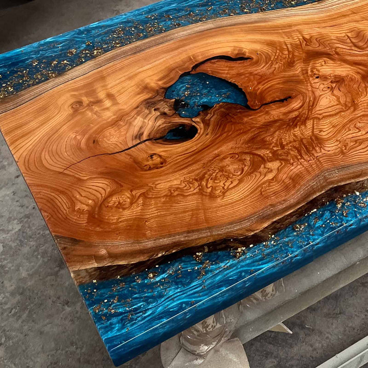 Seawavetable- Statement beech wood blue resin table with mirror-like glossy surface