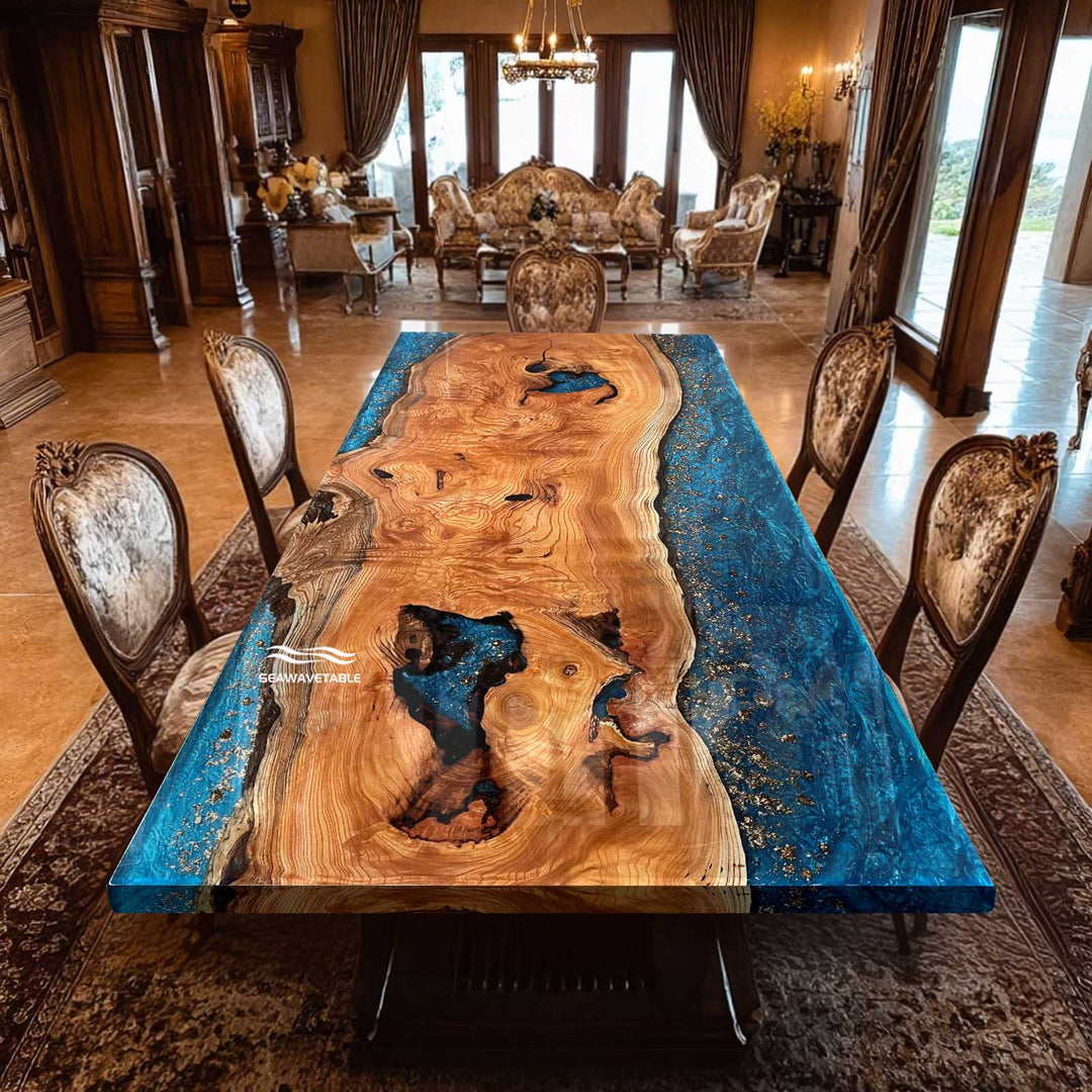 Seawavetable- High-gloss beech wood blue resin table with gold leaf in Texas luxury interior