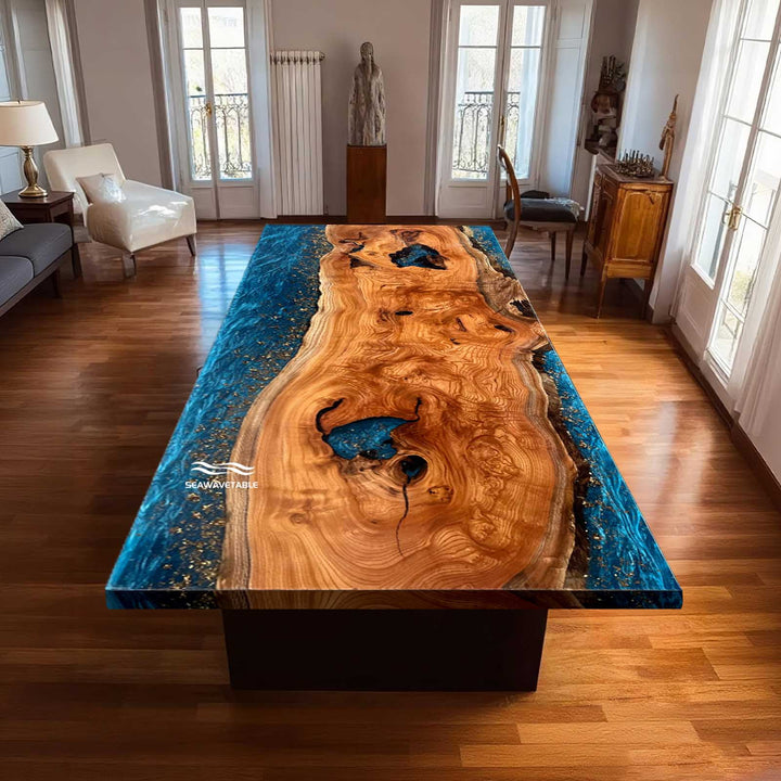 Seawavetable- Texas luxury blue resin art table made from solid beech wood