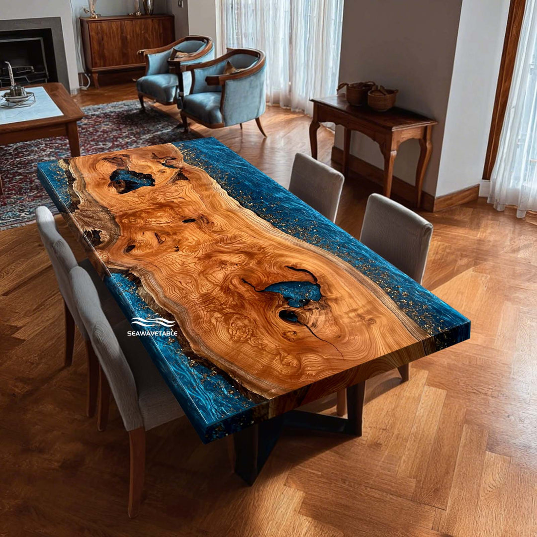 Seawavetable- High-gloss blue epoxy resin table with gold leaf and natural beech wood slab