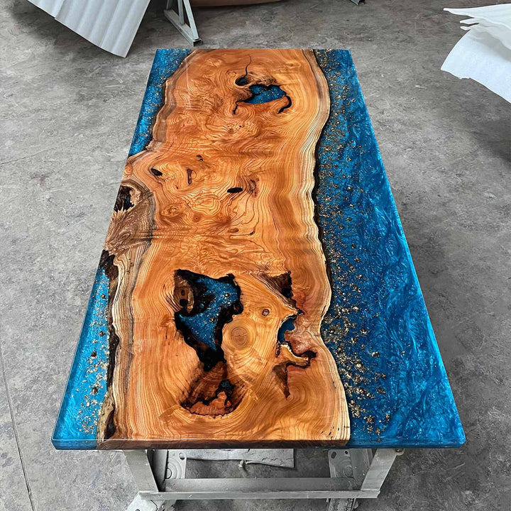 Seawavetable- Solid beech wood blue resin dining table with gold leaf high gloss finish