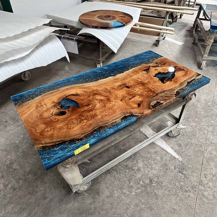 Seawavetable- Modern beech wood resin table with ocean blue resin and gold leaf accents