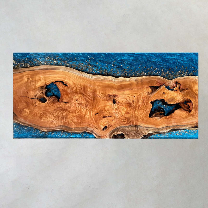 Seawavetable- Custom high-gloss beech wood blue resin table for Texas modern homes