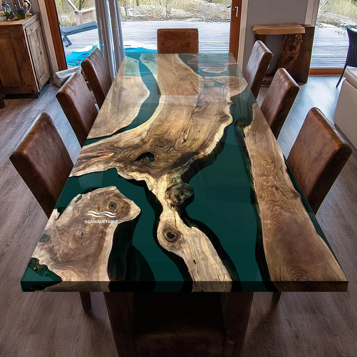 Seawavetable-Texas Handcrafted Clear Jade Oasis Resin Walnut Table with Matte Wood Surface
