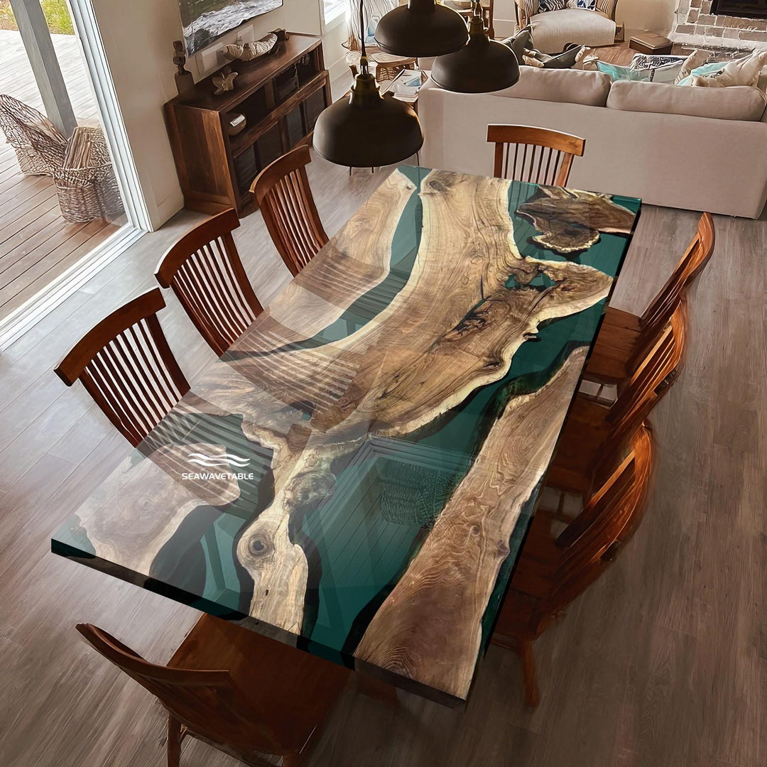 Seawavetable-Clear Resin River Table in Solid Black Walnut – Texas Artisan Table