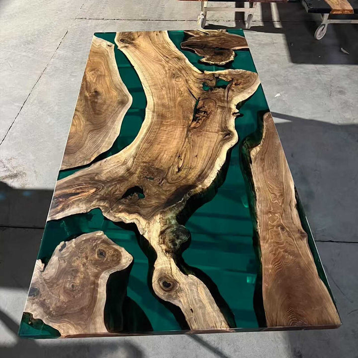 Seawavetable-Handcrafted Texas Black Walnut Table with Transparent Jade Oasis Resin