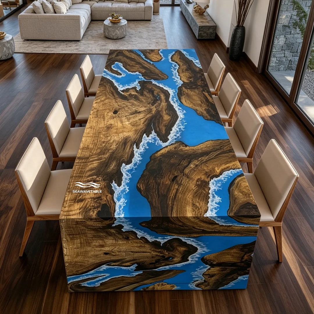 Seawavetable- black walnut waterfall island table ocean blue resin high gloss surface