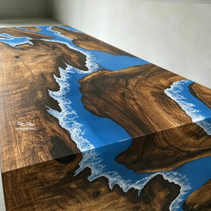 Seawavetable- custom black walnut blue resin island table luxury open concept kitchen