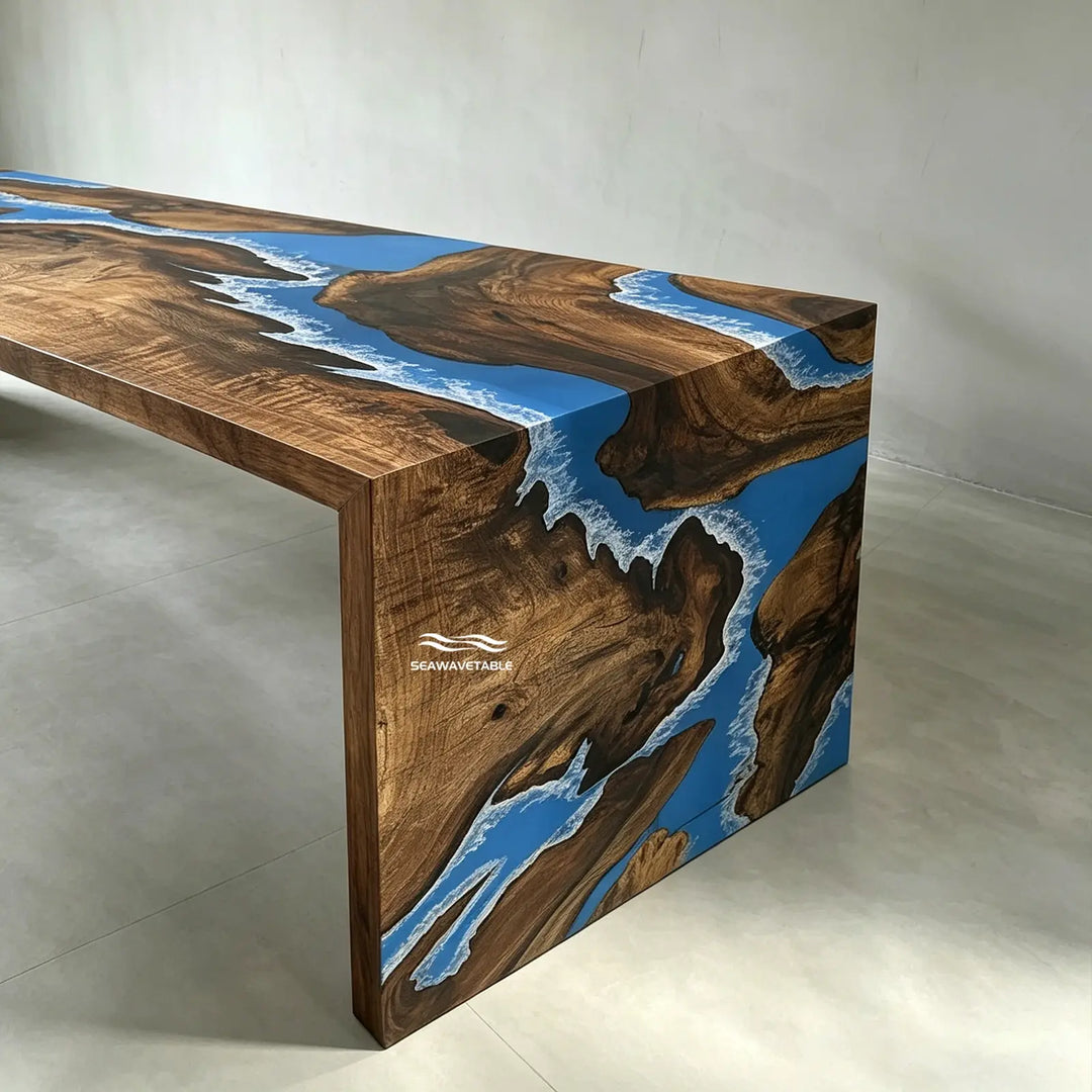 Seawavetable- custom black walnut blue resin island table luxury open concept kitchen
