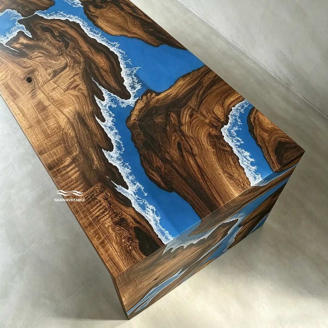 Seawavetable- modern black walnut waterfall table ocean blue resin luxury island piece