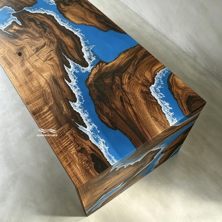 Seawavetable- modern black walnut waterfall table ocean blue resin luxury island piece