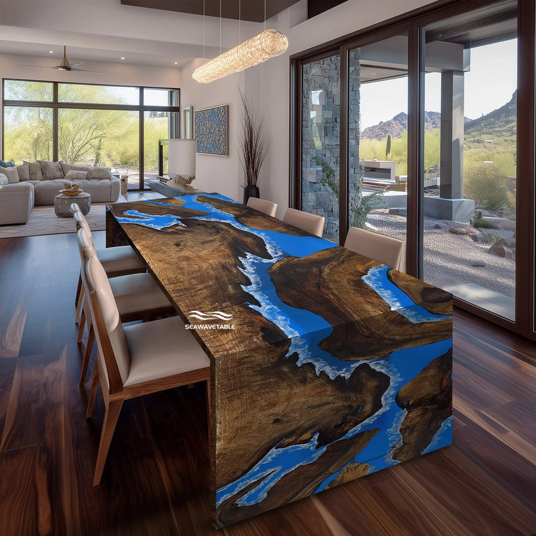 Seawavetable- black walnut ocean blue epoxy waterfall island table high gloss kitchen centerpiece