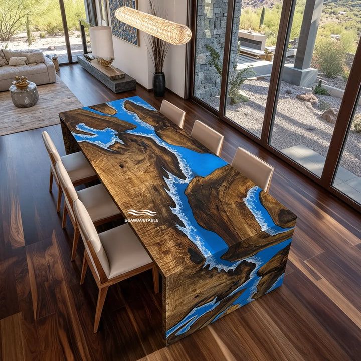 Seawavetable- modern kitchen island table black walnut epoxy waterfall design glossy finish