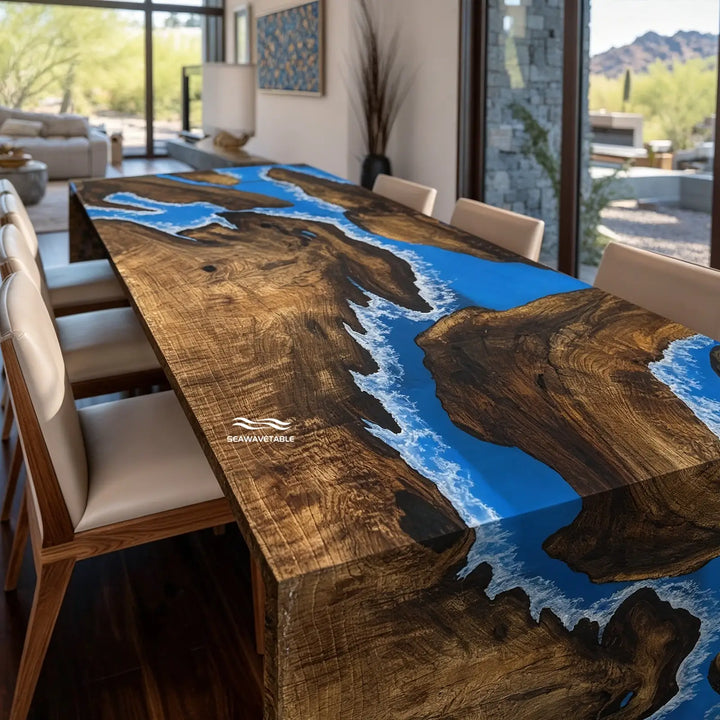 Seawavetable- designer waterfall island table black walnut blue resin glossy top