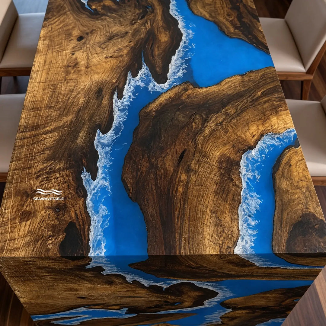 Seawavetable- black walnut ocean epoxy kitchen island table straight edge waterfall style