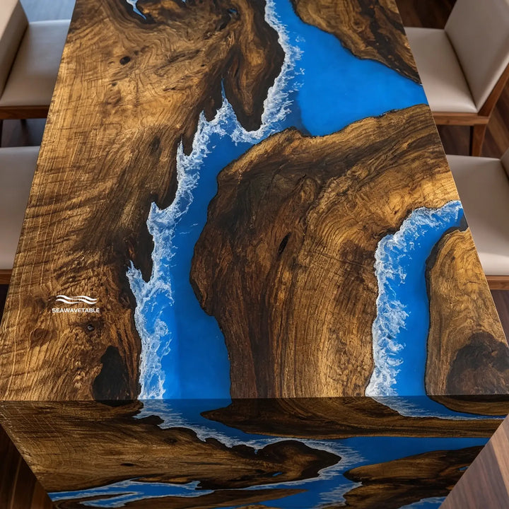 Seawavetable- black walnut ocean epoxy kitchen island table straight edge waterfall style