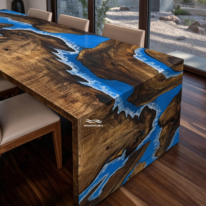 Seawavetable- custom black walnut blue resin island table luxury open concept kitchen