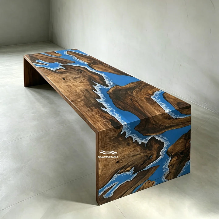 Seawavetable- custom epoxy kitchen island black walnut blue resin waterfall table