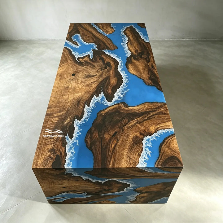 Seawavetable- black walnut ocean epoxy kitchen island table straight edge waterfall style
