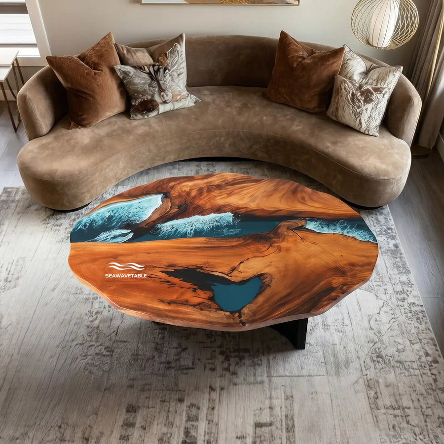 Seawavetable-Custom oval live edge walnut ocean wave epoxy coffee table organic irregular perimeter tidal resin river full mirror high gloss handmade