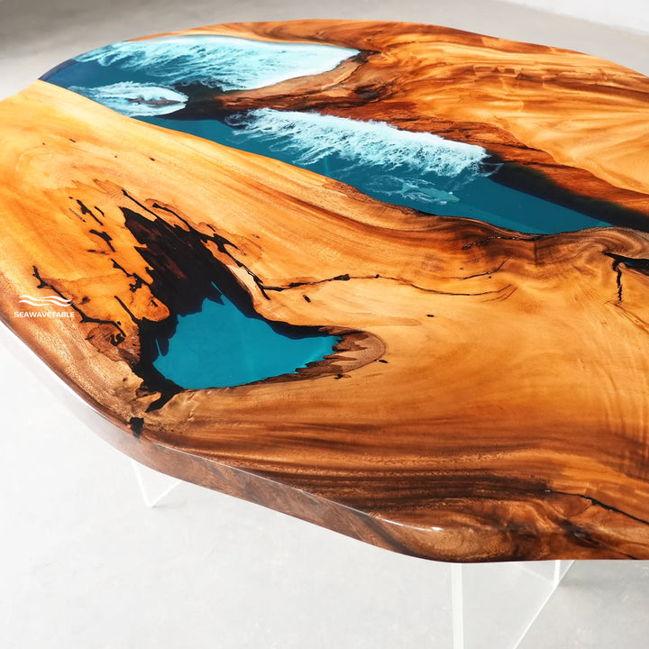 Seawavetable-Unique custom oval live edge walnut epoxy river coffee table full high gloss finish realistic sculpted white surf wave foam fixed custom size