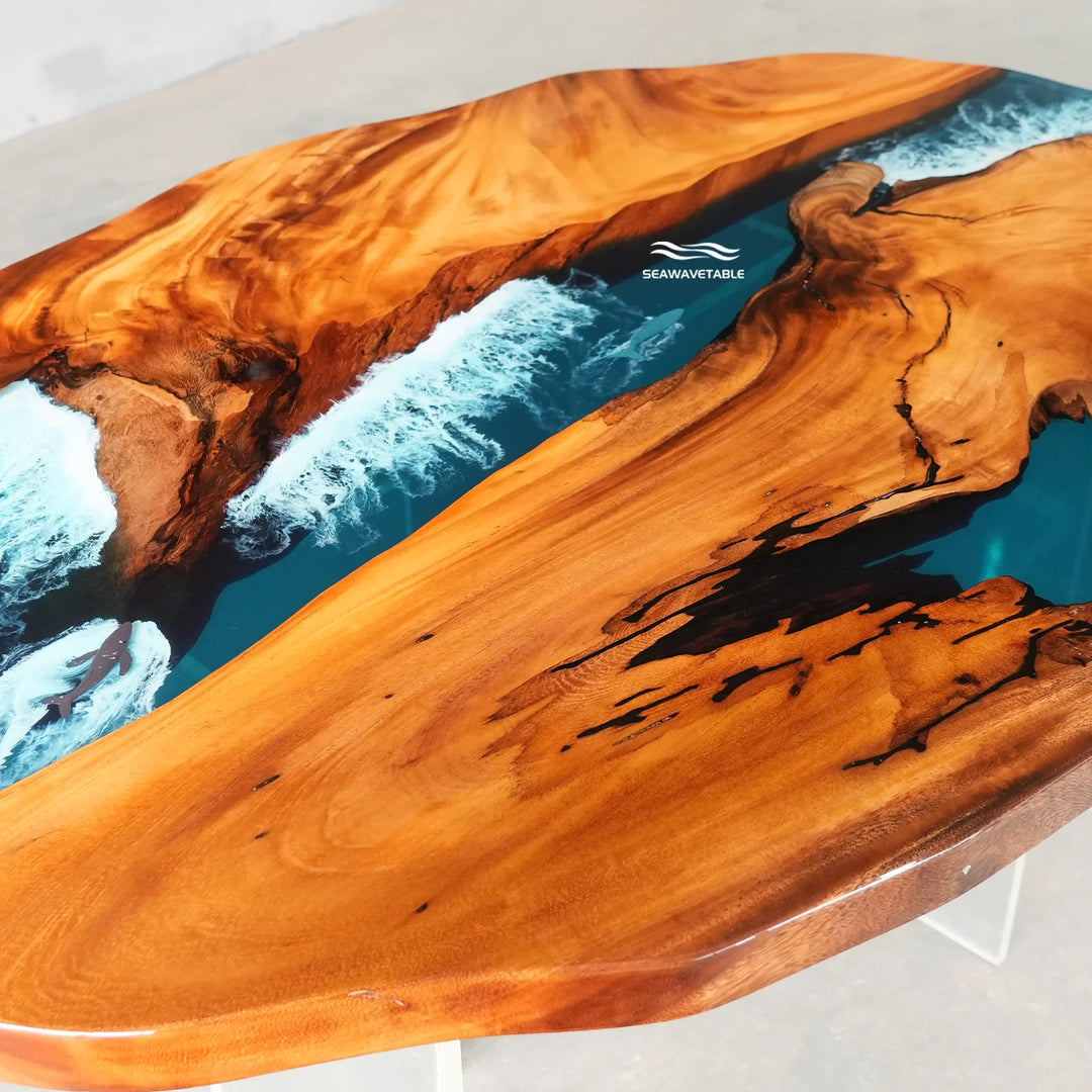Seawavetable-Luxury custom resin coffee table solid organic live edge oval walnut layered teal ocean wave epoxy full mirror polished glossy surface