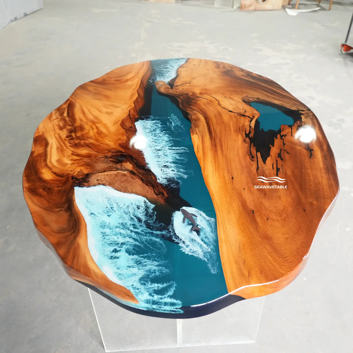 Seawavetable-Organic oval custom epoxy coffee table solid figured walnut burl slabs deep teal ocean surf wave epoxy natural live edge full gloss