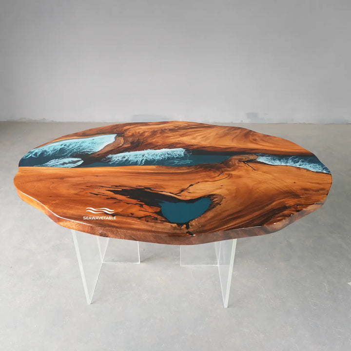 Seawavetable-Premium full gloss custom epoxy coffee table walnut wood ocean tidal wave resin winding river organic live edge made to order