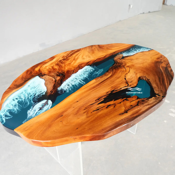 Seawavetable-Organic live edge solid walnut statement epoxy coffee table oval silhouette winding central ocean tidal wave resin river custom build